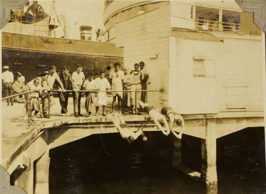 Diving from the wharf at Neiafu? on 'Utu Vava'u in the Vava'u Group, Tonga, 1928