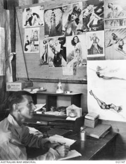 NADZAB, NEW GUINEA. 1944-05-09. MEMBERS OF A RAAF TRANSPORT MOVEMENTS OFFICE CLAIM TO HAVE ONE OF THE BEST PIN-UP COLLECTIONS IN THE AREA - AND ALL THE GIRLS HAVE CLOTHES ON! 76885 CORPORAL W. ..