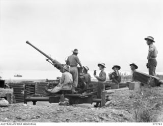 LAE, NEW GUINEA, 1944-03-26. MEMBERS OF C TROOP, 2/9TH LIGHT ANTI-AIRCRAFT BATTERY WITH THE 2/3RD ANTI-AIRCRAFT REGIMENT (COMPOSITE), MAN A 40MM BOFORS ANTI-AIRCRAFT GUN OVERLOOKING THE AIRSTRIP ..