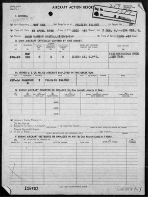 VMF-122 - ACA rep #58 - Bombing & strafing targets in the Yap Area, Carolines on 4/18/45