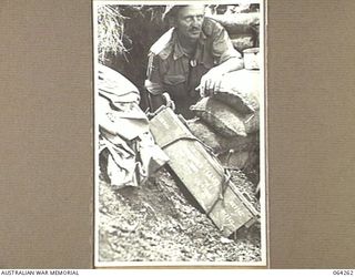 FINISTERRE RANGES, NEW GUINEA. 1944-01-23. QX12858 SERGEANT K.MCG. JAMIESON OF "A" COMPANY, 2/9TH INFANTRY BATTALION LOOKING OUT FROM A DUGOUT ON "GREEN SNIPER'S PIMPLE" AFTER THE UNIT HAD ..