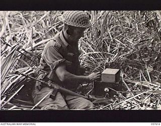 KAIAPIT, NEW GUINEA. 1943-09-26. WX2919 LANCE CORPORAL E. O'CALLAGHAN OF HEADQUARTERS, 21ST AUSTRALIAN INFANTRY BRIGADE OPERATING A PORTABLE FIELD WIRELESS. THIS SET IS USED TO KEEP CONTACT WITH ..