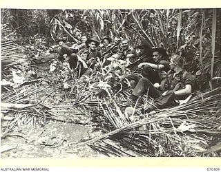 WEBER POINT, MALALAMAI, NEW GUINEA, 1944-02-09. MEMBERS OF "D" COMPANY, 30TH INFANTRY BATTALION, RESTING ON THE TRACK BETWEEN MALALAMAI AND YAGOMAI. THEY HAVE BEEN ADVANCING FROM ROINJI (2) TO LINK ..