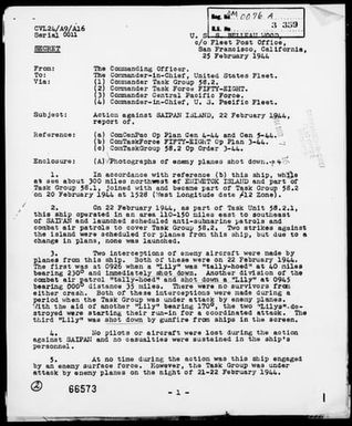 USS BELLEAU WOOD - Rep of Act Against Saipan Is, Marianas, 2/22/44