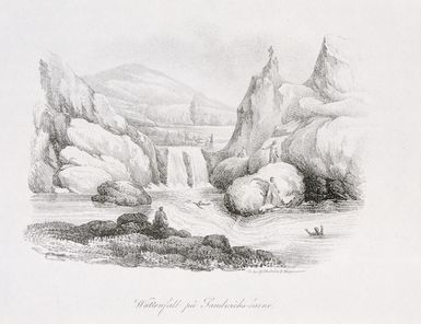 [Sainson, Louis Auguste de] b 1800 :Waterfall pa Sandwichs-oarne [Chute du Wai-koukou, Sandwich Islands] Pl. 182. [Stockholm?] Gothstrom & Magnusson, [ca 1838]