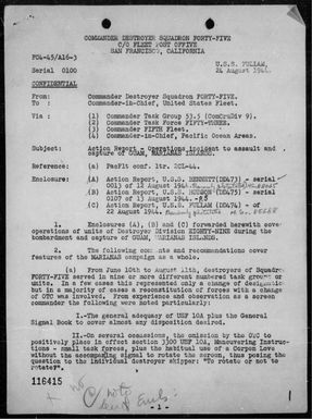 COMDESRON 45 - Rep of ops incident to assault & capture of Guam Is, Marianas, including comment & recommendations on Marianas campaign 6/10/44 - 8/11/44