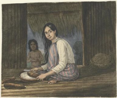 A woman of the Mariannas or Ladrone Islands, scraping yams to make paste for bread, drawn from nature [Augustus Earle]