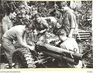 1943-08-16. NEW GUINEA. MOUNT TAMBU. THIS AMERICAN FIELD PIECE, IN PARTS WEIGHTING 100 TO 250 POUNDS, WAS CARRIED OVER THE PRECIPITOUS LABABIA RIDGE, FROM NASSAU BAY TO MOUNT TAMBU, TO BOMBARD THE ..