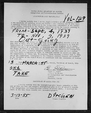 Volume 129: Immigration Service Forms, September 4, 1937 - November 12, 1937