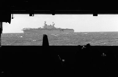 The amphibious assault ship USS SAIPAN (LHA-2) sits at anchor near Vieques, Puerto Rico, during Fleet Ex 1-90