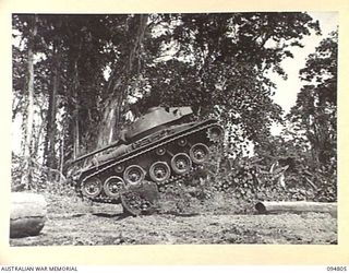 TOROKINA AREA, BOUGAINVILLE, 1945-08-08. AN M24 GENERAL CHAFFEE LIGHT TANK CLIMBING A LOG TWO FEET NINE AND A HALF INCHES IN DIAMETER, DURING TRIALS CONDUCTED FOR THE WAR OFFICE