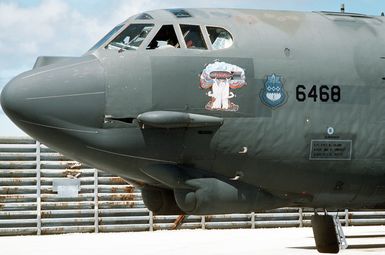 A left front view of a 320th Bombardment Wing B-52G Stratofortress aircraft known as "Eldership." This particular aircraft is the oldest B-52G in the Air Force inventory and will be retired in July 1989. The aircraft is in Guam for exercise Giant Warrior '89