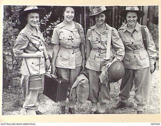 BRISBANE, QLD. 1945-02-21. AUSTRALIAN ARMY MEDICAL WOMEN'S SERVICE REINFORCEMENTS AT FRAZER'S PADDOCK BEFORE THEIR EMBARKATION TO THE 2/1 GENERAL HOSPITAL AT BOUGAINVILLE. IDENTIFIED PERSONNEL ..