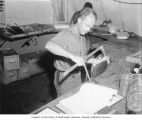 Dr. Osgood Smith measuring a tuna, possibly in the biology laboratory on Bikini Island, summer 1947