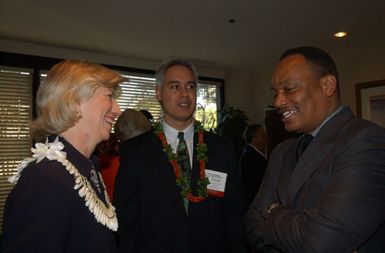 Secretary Gale Norton, far left, at Secretary's 2004 Conference on Business Opportunities in the Islands. Conference at Marriott Hotel in Los Angeles, California highlighted investment prospects in Guam, Virgin Islands, Northern Mariana Islands, American Samoa, Palau, Marshall Islands, and Micronesia. Photograph was used in Interior video on Norton era