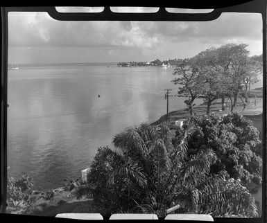 View from Grand Hotel, Tahiti, showing lagoon and road