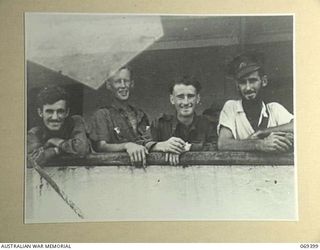 PORT MORESBY, NEW GUINEA. 1942-04-12. SERVICE PERSONNEL ABOARD THE MV "MACDHUI" BOUND FOR TOWNSVILLE, QUEENSLAND. THEY WITH OTHER SERVICE PERSONNEL OF THE RABAUL GARRISON AND CIVILIANS WERE ..