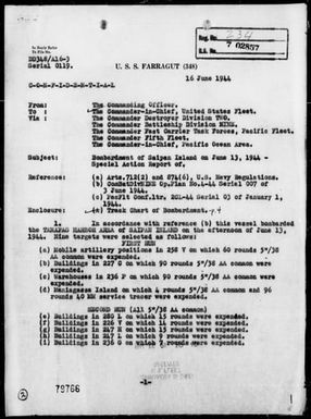 USS FARRAGUT - Rep of Bombardment of Saipan Is Marianas, 6/13/44