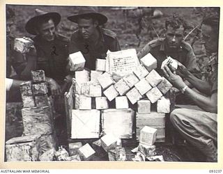 WEWAK AREA, NEW GUINEA, 1945-06-17. MEMBERS OF 2/4 INFANTRY BATTALION INSPECTING SOME OF THE 4,000 URNS FOUND IN A JAPANESE SHRINE ON THE KOIGIN TRACK. THE URNS, CUBE SHAPED AND MEASURING ..