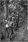 Pig festival, stake-planting, Tuguma: decorated men file past newly-planted cordyline on enemy boundary