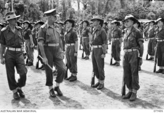 TOROKINA, BOUGAINVILLE ISLAND. 1944-12-06. VX38969 MAJOR-GENERAL W. BRIDGEFORD, CBE, MC, GOC, 3RD DIVISION (1), ACCOMPANIED BY VX49 LIEUTENANT-COLONEL H.M. MCDONALD, ED, COMMANDING OFFICER (2) ..