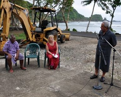 Earthquake ^ Flooding ^ Tsunami - Amanave, American Samoa, January 11, 2010 -- At an on-site press conference here, Gov. Togiola Tulafono announced construction on the first of about 70 two and three-bedrom concrete block homes that FEMA will build to replace some of the 275 homes destroyed by the September 29, 2009 tsunami. Most owners decided instead to take cash grants from FEMA and rebuild themselves. Recipient of the new home, left, is High Talking Chief Faatea Etuale. Terrie Zuiderhoek, center, FEMA operations section chief, explained the pilot housing program. FEMA/Richard O'Reilly