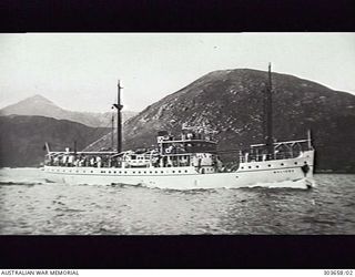 STARBOARD SIDE VIEW OF THE BRITISH CARGO VESSEL MV MULIAMA WHICH, WITH OTHER SMALL VESSELS, RAN A SHUTTLE SERVICE BETWEEN CAIRNS AND DARWIN FROM 1942-03 AND LATER SERVED IN NEW GUINEA WATERS. ..