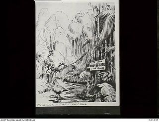 MILNE BAY, PAPUA. C. 1944-06. HIDDEN IN THE JUNGLE IS RAAF RADIO, WHICH PROVIDES ENTERTAINMENT FOR THOUSANDS OF SERVICEMEN IN NEW GUINEA. THIS PENCIL SKETCH OF THE APPROACH TO THE STUDIOS IS BY ..