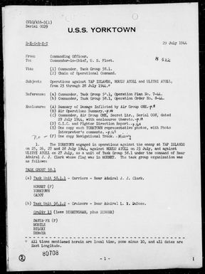 YORKTOWN - Report of ops Against Yap Islands, Ngulu Atoll & Ulithi Atoll, Carolines – 25/28 July 1944