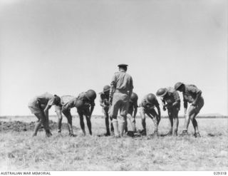 FORBES, NSW. 1943-02. "GUINEA PIGS" TAKING PART IN A GAS SHELL EXPERIMENT HELD BY 2/1 AUSTRALIAN CHEMICAL WARFARE LABORATORY, APPLYING OINTMENT TO ONE KNEE AND LEG ONLY, LEAVING THE OTHER LEG ..