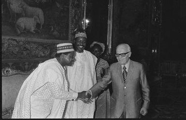 President of Republic Sandro Pertini receives His Excellency Bukar Shaib, new Ambassador of Federal Republic of Nigeria, His Excellence Satya Nand Nandan, new Ambassador of Fiji Islands and His Excellence Gabriel Canadas Nouvilas, new Ambassador of Spain for the presentation of Credit Letters