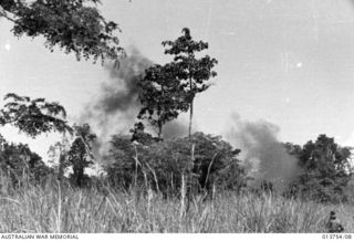 1942-12-08. NEW GUINEA. GONA. ALLIED PLANES BOMB JAPANESE POSITIONS IN THE BUSH NEAR GONA. BOMBS WERE RELEASED WHILE THE PLANES WERE STILL A FEW HUNDRED YARDS BEHIND THE AUSTRALIAN FRONT LINES. ..