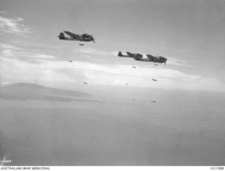 WEWAK AREA, NORTH EAST NEW GUINEA. C. 1944-10. BEAUFORT BOMBER AIRCRAFT OF NO. 8 SQUADRON RAAF DROP THEIR BOMBS OVER ENEMY TARGETS NEAR WEWAK