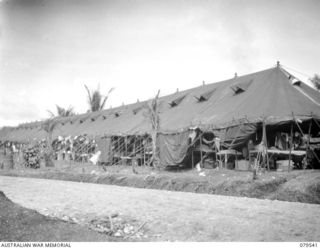 ORO BAY, NEW GUINEA. 1943-07. VX104010 LIEUTENANT L.E. WILTON, QUARTERMASTER, AT THE CAMP ENTRANCE OF THE 10TH FIELD AMBULANCE