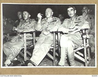 DUMPU, NEW GUINEA. 1943-12-18. VX1 GENERAL SIR THOMAS BLAMEY CBE KCB CMG DSO ED, COMMANDER-IN-CHIEF, ALLIED LAND FORCES SOUTH WEST PACIFIC AREA (1) RELAXING AT A MOBILE CINEMA SHOW AT HEADQUARTERS, ..