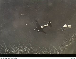 Morokai Moro, Bougainville. 1945-06-12. A RAAF C47 transport aircraft dropping supplies to 2/8th Cavalry Commando Squadron, AIF, personnel operating against the Japanese ahead of Allied advancing ..