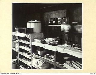 ORO BAY, NEW GUINEA. 1943-07. INSTRUMENT SHELVES AND EQUIPMENT IN THE OPERATING THEATRE OF THE 10TH FIELD AMBULANCE