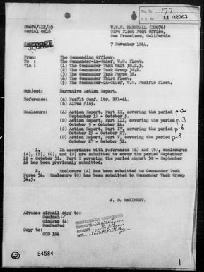 USS MARSHALL - Rep of Ops During the Carrier Air Strikes Against the Palau Is, Ryukyu Is, Formosa, & the Philippines, 9/12/44- 10/31/44