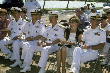 Distinguished guests in attendance at the Congressional Medal of Honor Monument dedication ceremony include Commodore Dale N. Hagen, right, commander, Naval Base Guam. The three officers to the left are members of Republic of Korea Navy. The monument was erected to honor four Marines for heroism during World War II