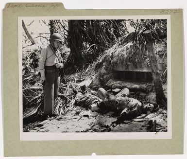 Photograph of Coast Guard Ensign Robert C. Preston Observing the Bodies of Two Japanese Imperial Marines