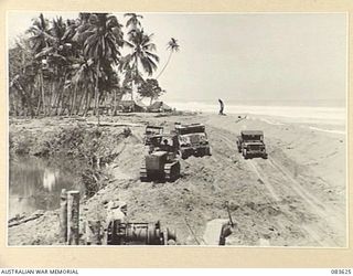 ANAMO AREA, NEW GUINEA. 1944-11-24. TROOPS OF THE 2/3 FIELD REGIMENT, ROYAL AUSTRALIAN ENGINEERS, VIEWED IN A WESTERLY DIRECTION AT THEIR BATTERY CAMP ON THE EDGE OF ANAMO
