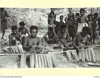 BASAMA-LAE AREA. NEW GUINEA. 1944-07-13. BASAMA NATIVES MAKING ROOF THATCHING MATERIAL BY SEWING SAGO PALM LEAVES ON TO STICKS. THESE SECTIONS OF THATCHING MATERIAL ARE TO BE USED TO THATCH ROOFS ..