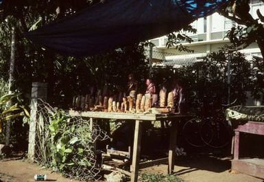 Carvings on display, Nau's workshop Vuna Road, Nuku'alofa June 1984