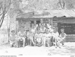 BARRINE, QLD. 1943-10-30. GROUP PORTRAIT OF OFFICERS WHO SERVED WITH "A" AUSTRALIAN CORPS OF SIGNALS IN NEW GUINEA, FROM 1942-08 UNTIL 1943-07. LEFT TO RIGHT, BACK ROW: NX34957 CAPTAIN (CAPT) F.C. ..