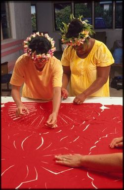 Two women making tivaevae, with Mrs Tokerau Munro