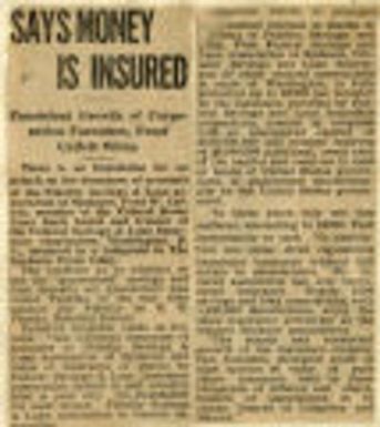 Says Money Is Insured : Consistent Growth of Corporation Furnishes, Proof Catlett Wires. Northwest Histoty.State History. Banking, Cont'd. Spokane, Cont'd. Yakima Biography. Banks & Banking.