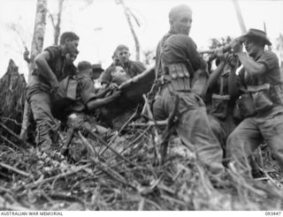 WEWAK AREA, NEW GUINEA, 1945-06-27. A STRETCHER CASE BEING EVACUATED DURING THE ATTACK BY C COMPANY, 2/8 INFANTRY BATTALION AGAINST JAPANESE FORCES ON MOUNT SHIBURANGU. IDENTIFIED PERSONNEL ARE:- ..