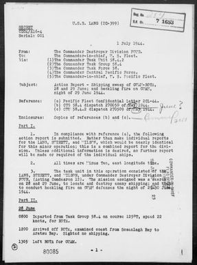 USS LANG - Report of Anti-Shipping Sweep of Guam-Rota, 28 & 29 June 1944 and Heckling Fire on Guam Is, Marianas on night of 6/29/44