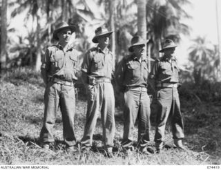 MADANG, NEW GUINEA. 1944-06-20. OFFICERS OF D COMPANY, 24TH INFANTRY BATTALION. IDENTIFIED PERSONNEL ARE:- QX33921 LIEUTENANT R.H. MATHAMS (1); TX1158 LIEUTENANT C.S.T. LEWIS (2); VX41023 ..