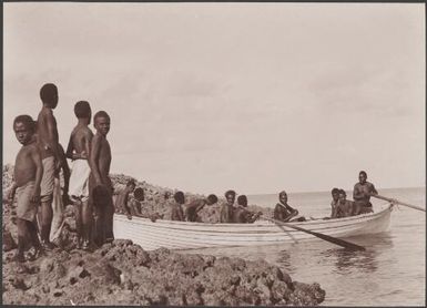 Ni-Vanuatu in mission boat on the coast of Loh, Torres Islands, 1906 / J.W. Beattie